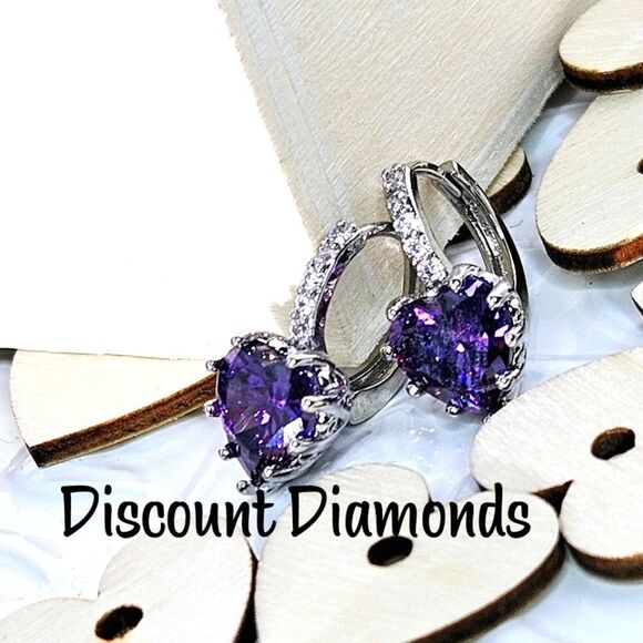 Purple Amethyst Dangle Earrings & White Baguette Diamonds on 925 Silver - Picture 3 of 9